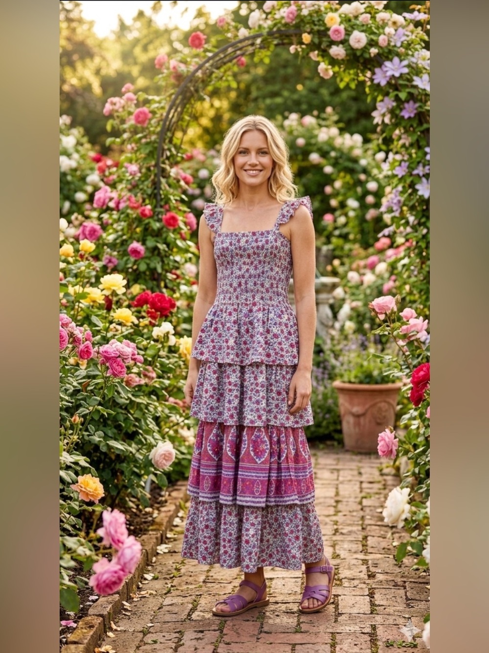 Anthropologie Abel the Label Floral Smocked Tiered Garden Romantic Medium Dress